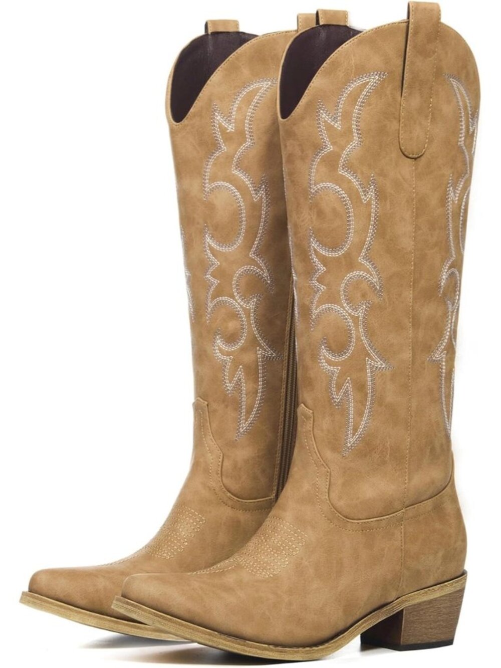 〽️Women's Mid-Calf Cowgirl Boots Light Brown Leather Block Heel Embroidered